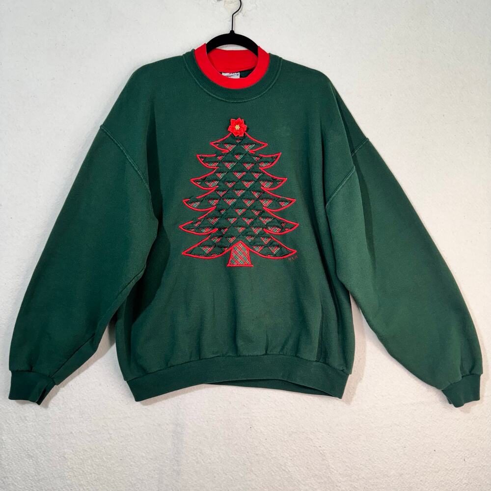 Jerzees VTG Green Embroidered Christmas Tree Crew Red Trim Sweatshirt X-Large XL